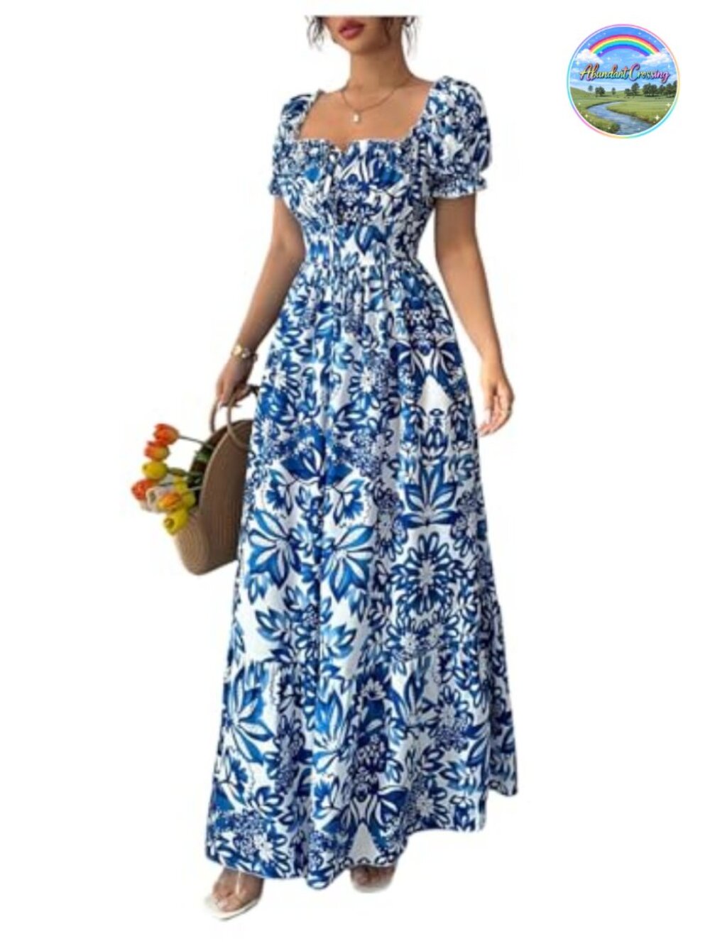 Floerns Floral Short Puff Sleeve Milkmaid Boho A-Line Long Dress